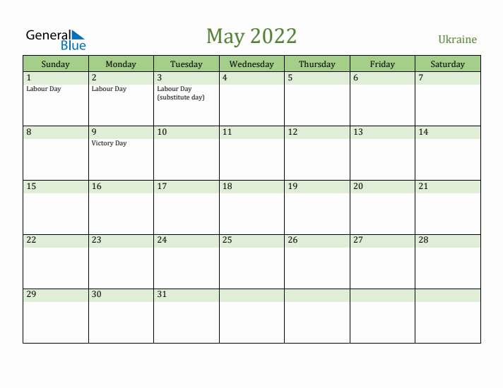May 2022 Calendar with Ukraine Holidays