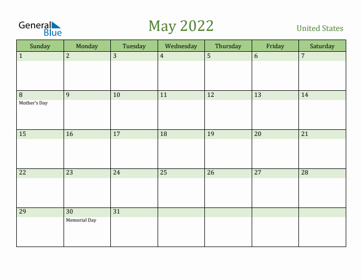 May 2022 Calendar with United States Holidays