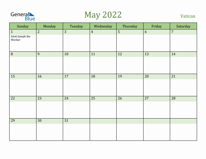 May 2022 Calendar with Vatican Holidays