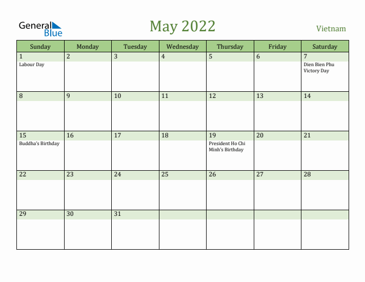 May 2022 Calendar with Vietnam Holidays