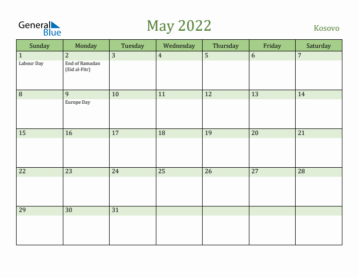 May 2022 Calendar with Kosovo Holidays