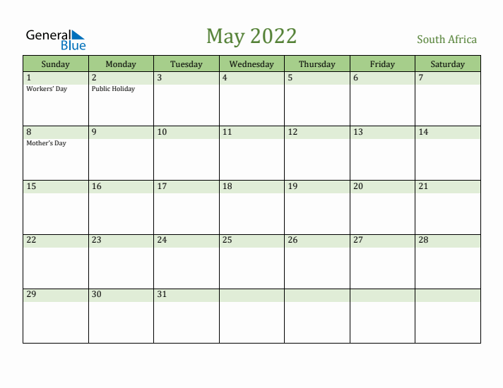 May 2022 Calendar with South Africa Holidays