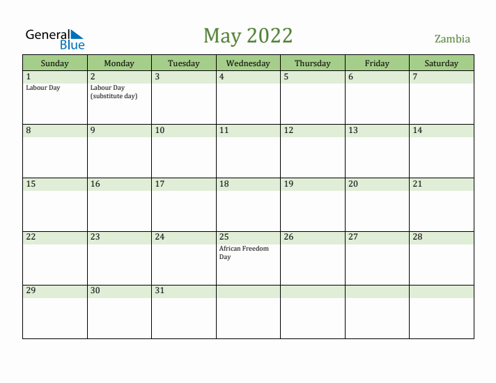 May 2022 Calendar with Zambia Holidays