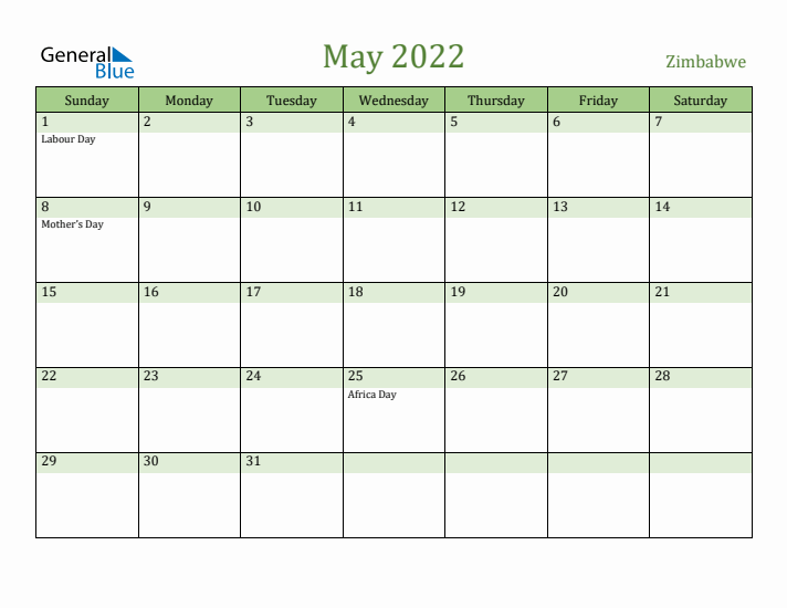 May 2022 Calendar with Zimbabwe Holidays