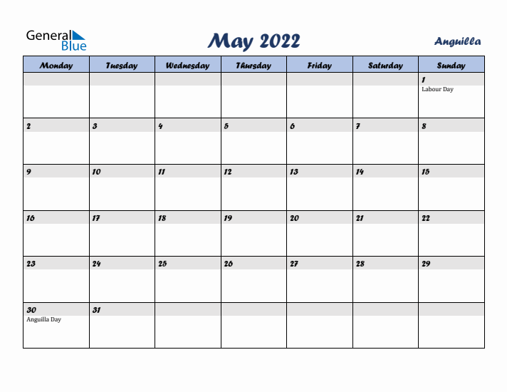 May 2022 Calendar with Holidays in Anguilla