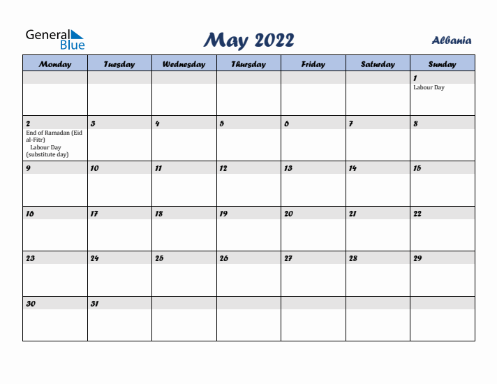 May 2022 Calendar with Holidays in Albania