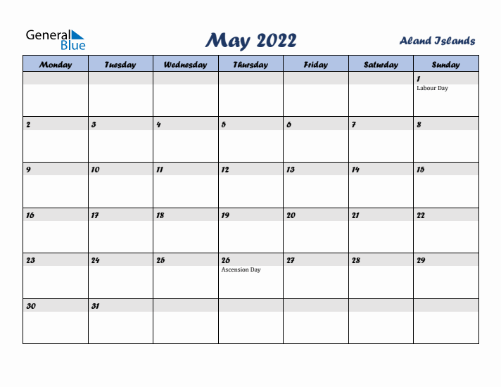 May 2022 Calendar with Holidays in Aland Islands