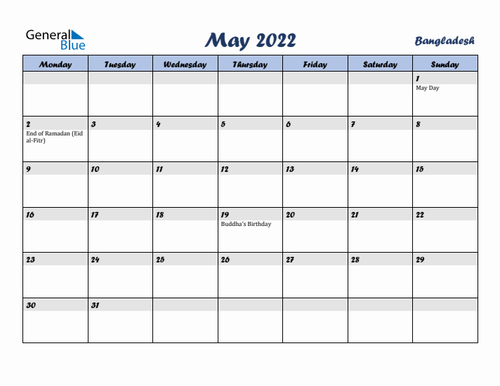 May 2022 Calendar with Holidays in Bangladesh