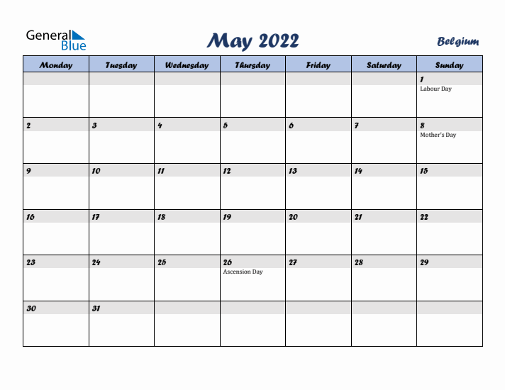 May 2022 Calendar with Holidays in Belgium
