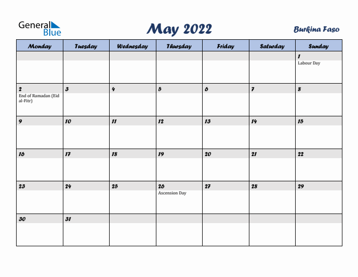 May 2022 Calendar with Holidays in Burkina Faso