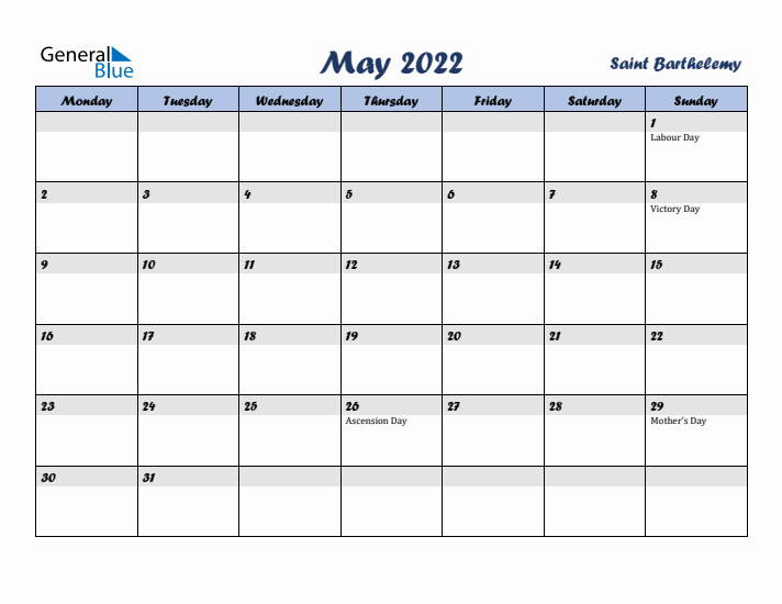 May 2022 Calendar with Holidays in Saint Barthelemy