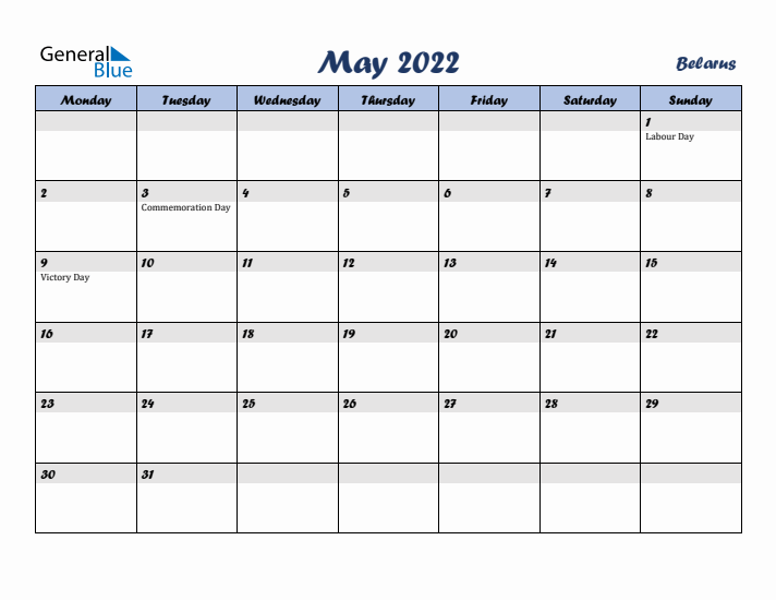 May 2022 Calendar with Holidays in Belarus