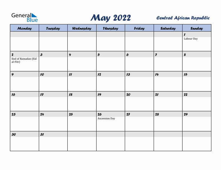 May 2022 Calendar with Holidays in Central African Republic