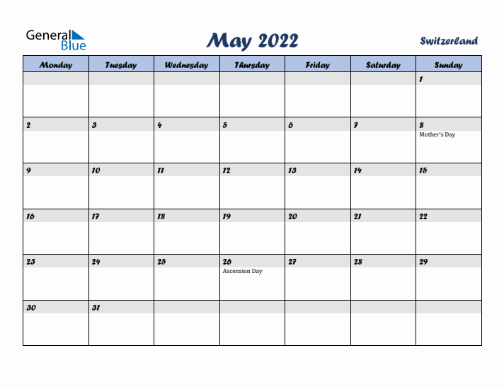May 2022 Calendar with Holidays in Switzerland