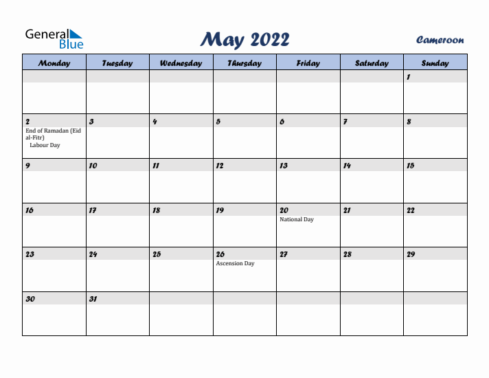 May 2022 Calendar with Holidays in Cameroon