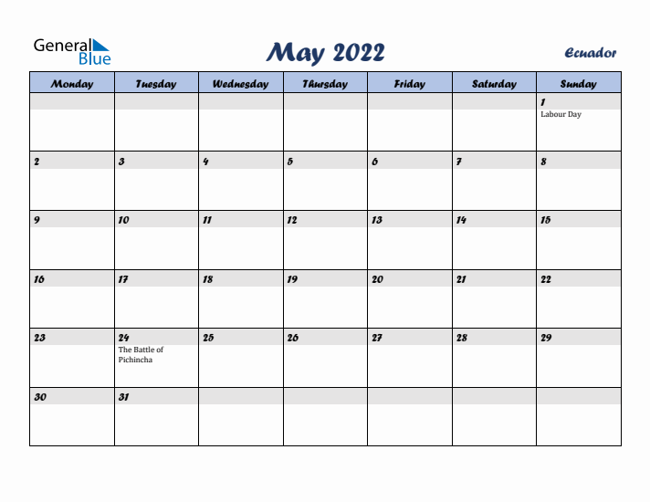 May 2022 Calendar with Holidays in Ecuador