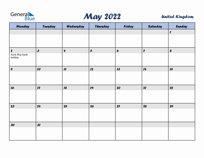 May 2022 Calendar with Holidays in United Kingdom
