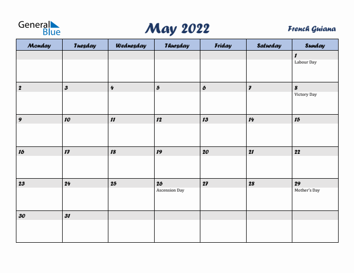 May 2022 Calendar with Holidays in French Guiana