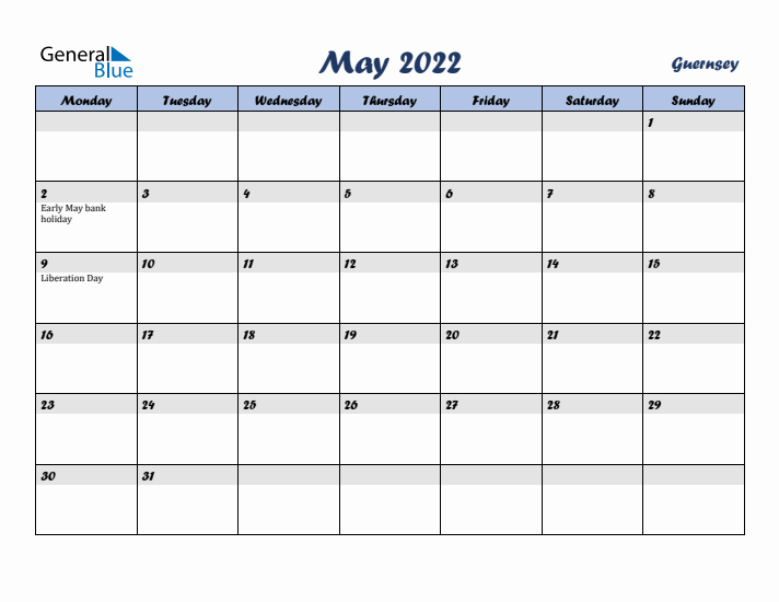 May 2022 Calendar with Holidays in Guernsey