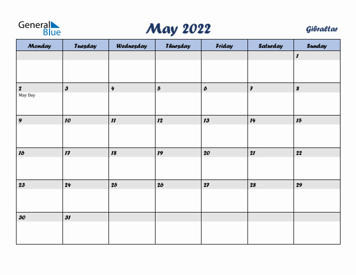 May 2022 Calendar with Holidays in Gibraltar