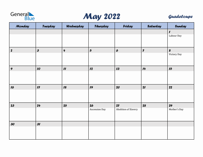 May 2022 Calendar with Holidays in Guadeloupe