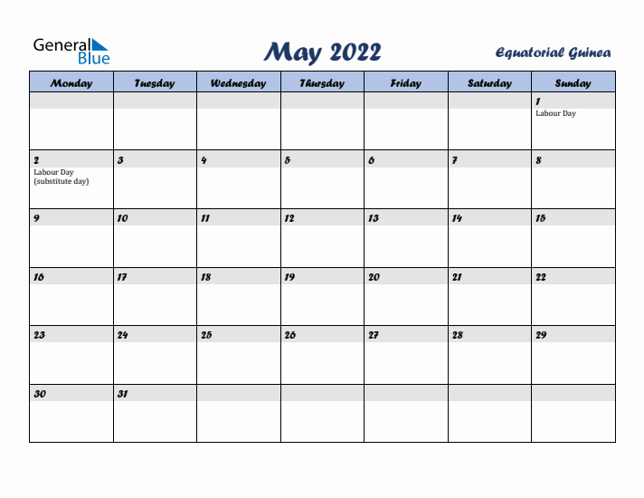 May 2022 Calendar with Holidays in Equatorial Guinea