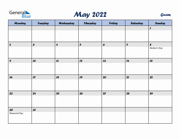 May 2022 Calendar with Holidays in Guam