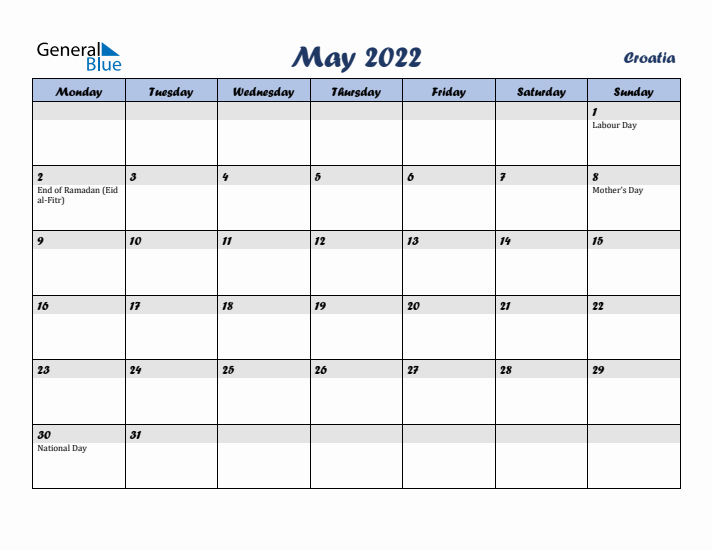 May 2022 Calendar with Holidays in Croatia