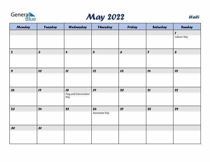 May 2022 Calendar with Holidays in Haiti