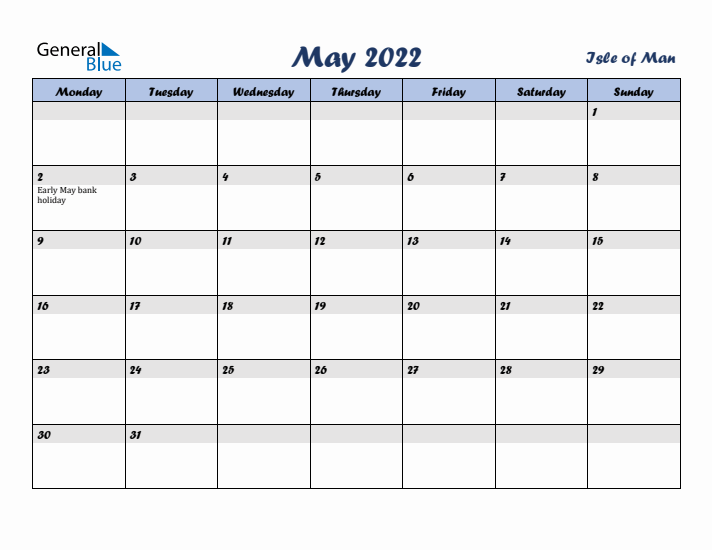 May 2022 Calendar with Holidays in Isle of Man