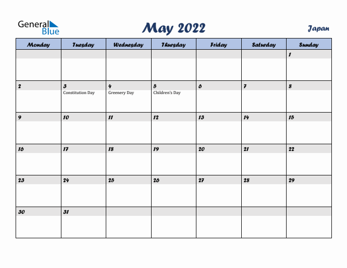 May 2022 Calendar with Holidays in Japan