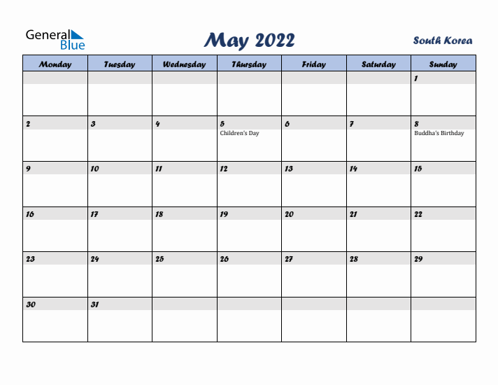 May 2022 Calendar with Holidays in South Korea