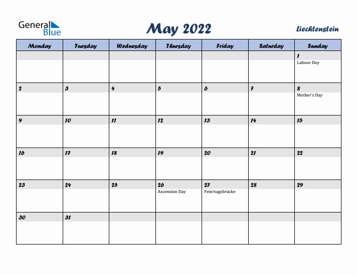 May 2022 Calendar with Holidays in Liechtenstein