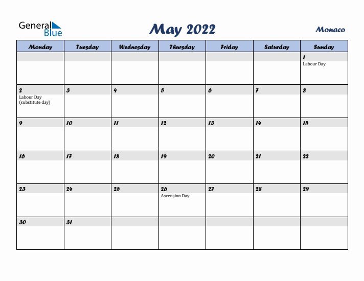 May 2022 Calendar with Holidays in Monaco