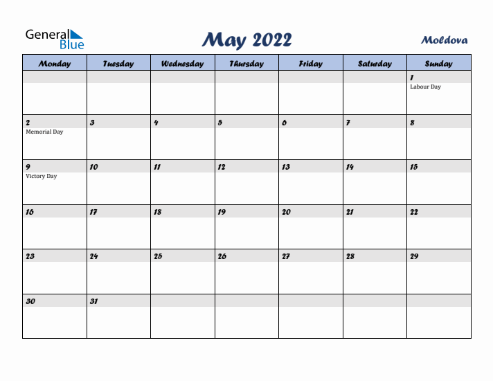 May 2022 Calendar with Holidays in Moldova