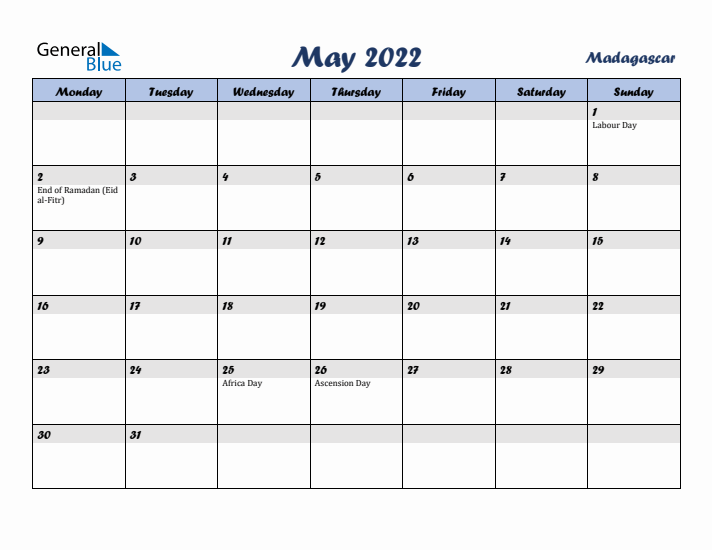 May 2022 Calendar with Holidays in Madagascar