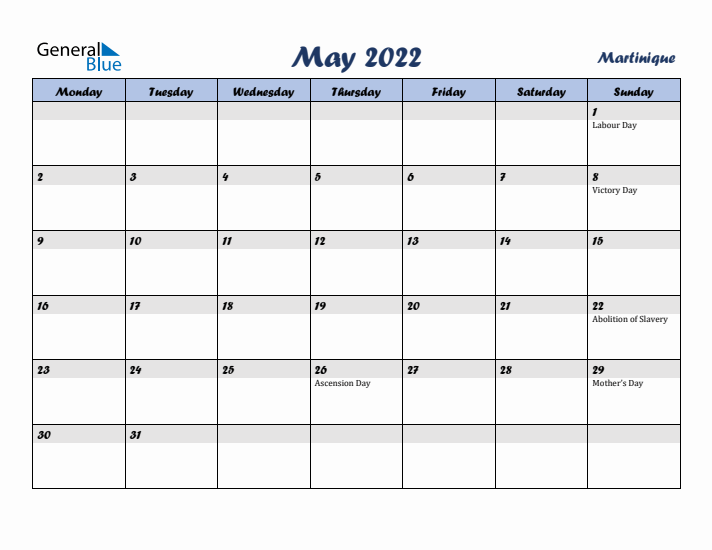 May 2022 Calendar with Holidays in Martinique