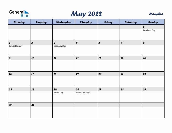 May 2022 Calendar with Holidays in Namibia