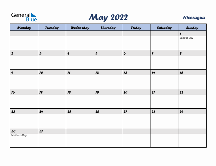 May 2022 Calendar with Holidays in Nicaragua
