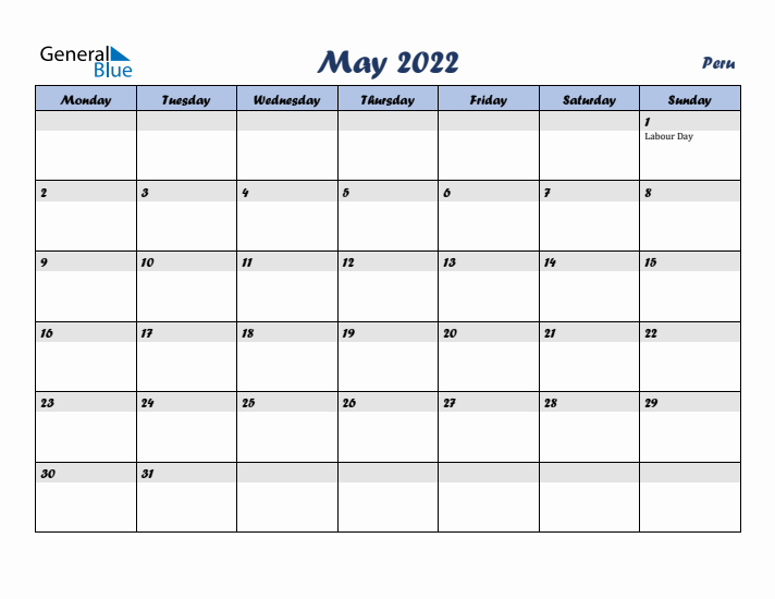 May 2022 Calendar with Holidays in Peru