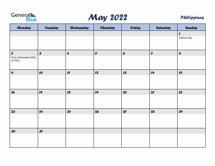 May 2022 Calendar with Holidays in Philippines