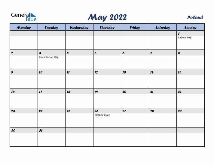 May 2022 Calendar with Holidays in Poland
