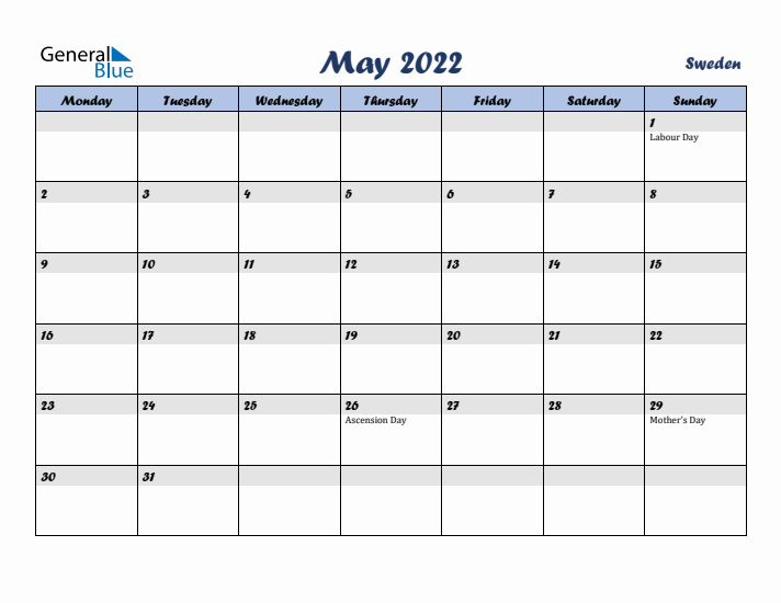 May 2022 Calendar with Holidays in Sweden