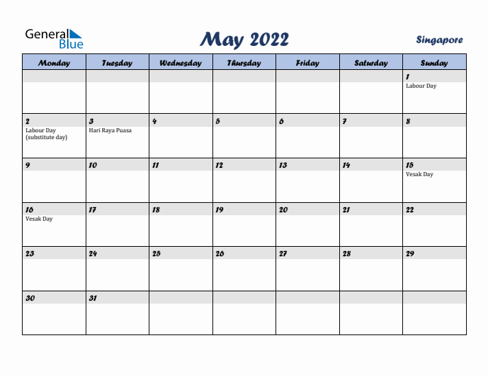 May 2022 Calendar with Holidays in Singapore