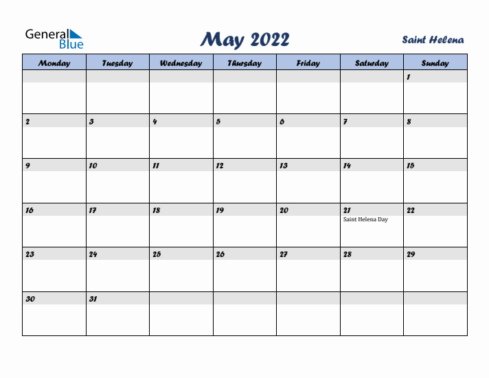 May 2022 Calendar with Holidays in Saint Helena