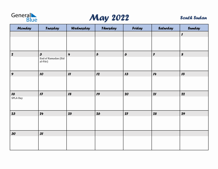 May 2022 Calendar with Holidays in South Sudan