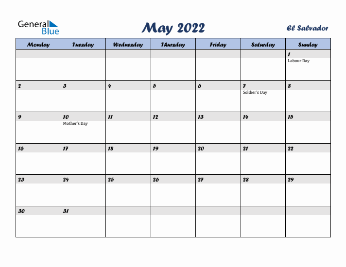 May 2022 Calendar with Holidays in El Salvador