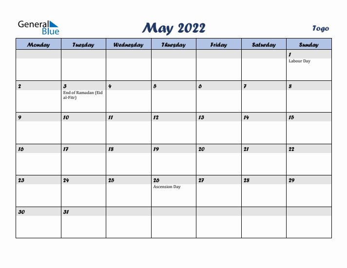 May 2022 Calendar with Holidays in Togo