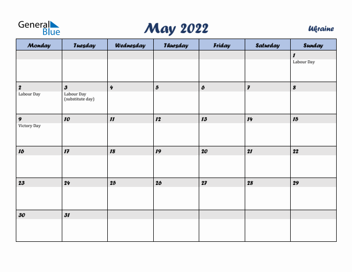 May 2022 Calendar with Holidays in Ukraine