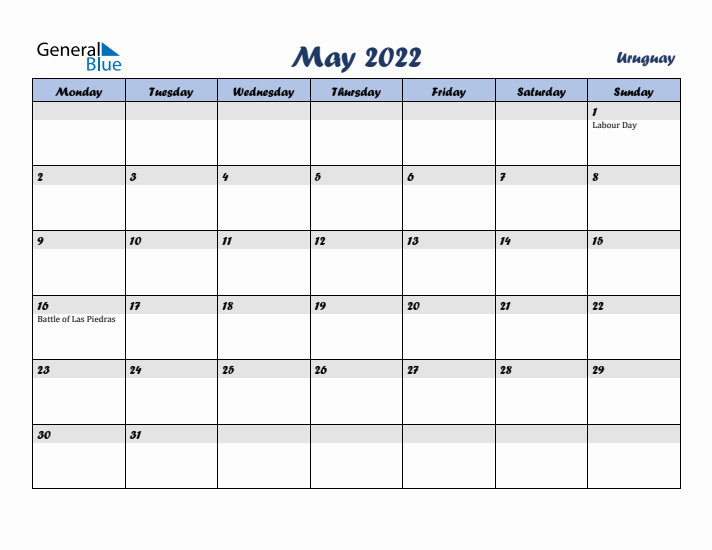 May 2022 Calendar with Holidays in Uruguay